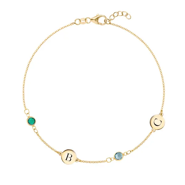 Personalized Classic 2 Letter & 2 Birthstone Bracelet in 14k Gold sold by Haverhill