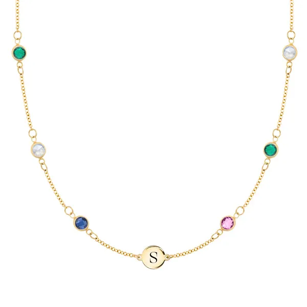 Personalized Classic 1 Letter & 6 Birthstone Necklace in 14k Gold (Double Spacing) sold by Haverhill
