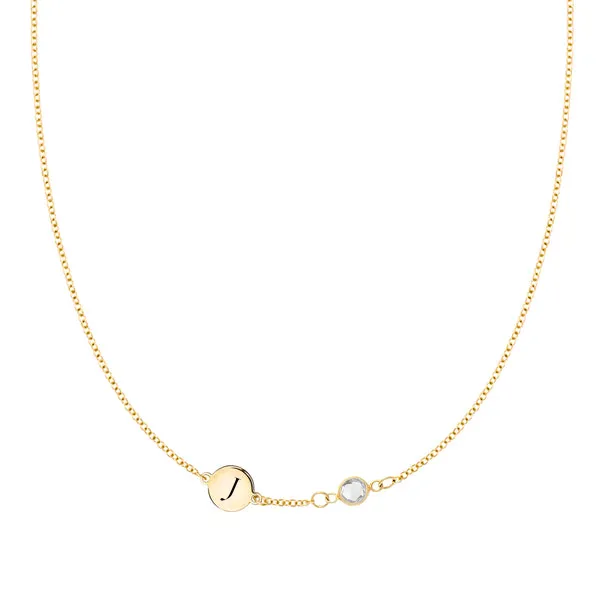 Personalized Classic 1 Letter & 1 Birthstone Necklace in 14k Gold (Single Spacing) sold by Haverhill