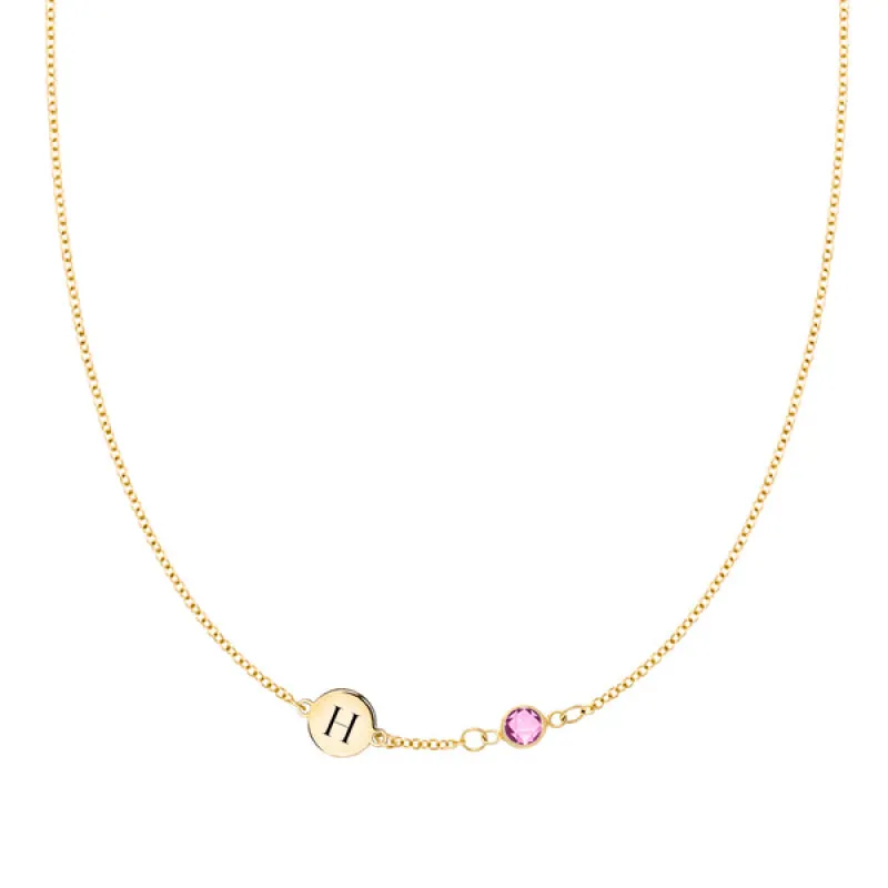 Personalized Classic 1 Letter & 1 Birthstone Necklace in 14k Gold (Single Spacing) sold by Haverhill