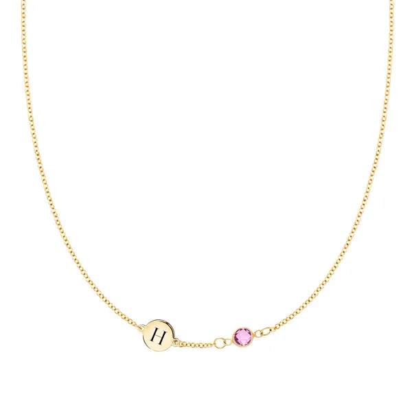 Personalized Classic 1 Letter & 1 Birthstone Necklace in 14k Gold (Single Spacing) sold by Haverhill