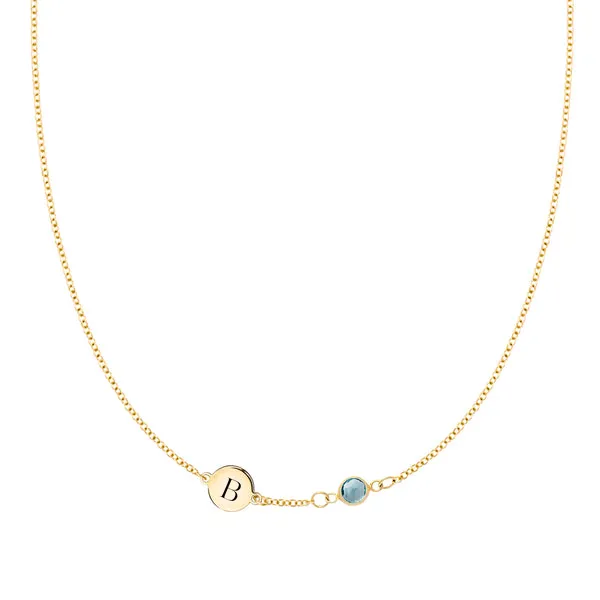 Personalized Classic 1 Letter & 1 Birthstone Necklace in 14k Gold (Single Spacing) sold by Haverhill