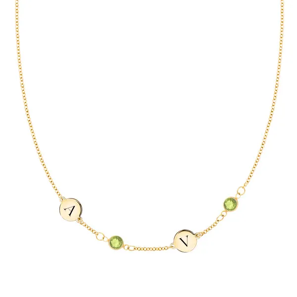 Personalized Classic 2 Letter & 2 Birthstone Necklace in 14k Gold (Single Spacing) sold by Haverhill