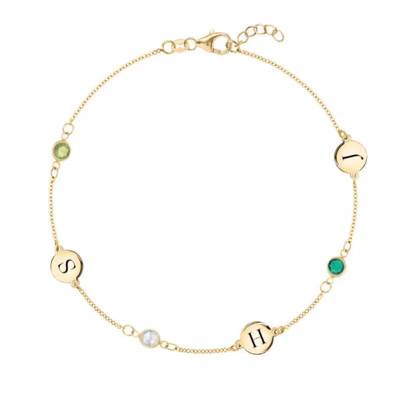 Personalized Classic 3 Letter & 3 Birthstone Bracelet in 14k Gold sold by Haverhill