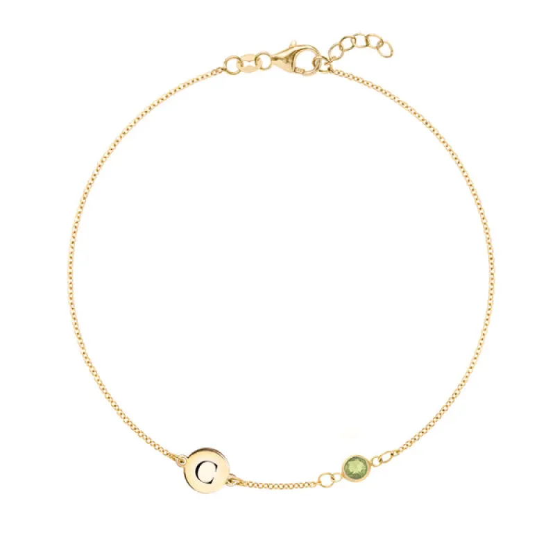 Personalized 1 Letter & 1 Classic Peridot Bracelet in 14k Gold (August) sold by Haverhill