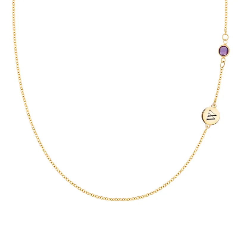 Personalized Classic 1 Letter & 1 Amethyst Necklace in 14k Gold (February) sold by Haverhill