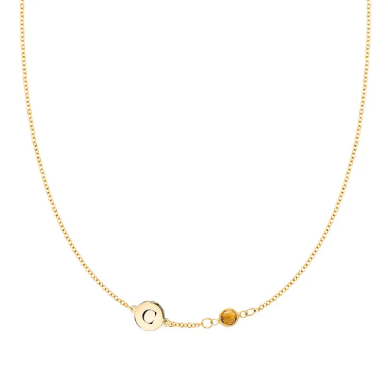 Personalized Classic 1 Letter & 1 Birthstone Necklace in 14k Gold (Single Spacing) sold by Haverhill