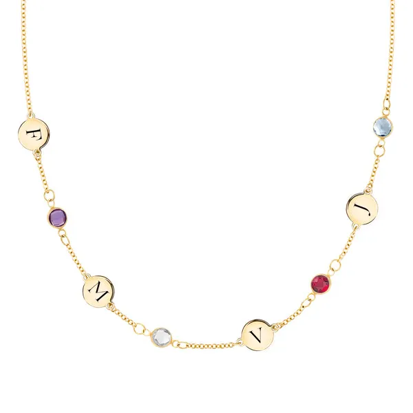 Personalized 4 Letter & 4 Classic Birthstone Necklace in 14k Gold (Single Spacing) sold by Haverhill
