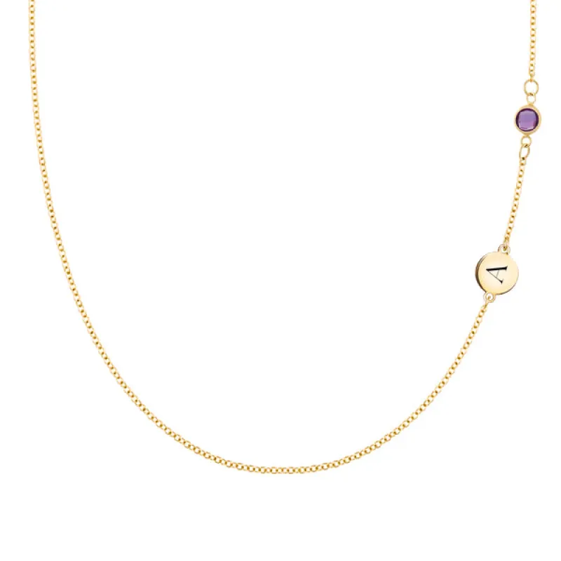 Personalized Classic 1 Letter & 1 Birthstone Necklace in 14k Gold (Double Spacing) sold by Haverhill