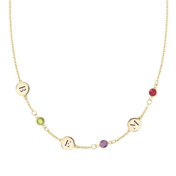 Personalized Classic 3 Letter & 3 Birthstone Necklace in 14k Gold (Single Spacing) sold by Haverhill