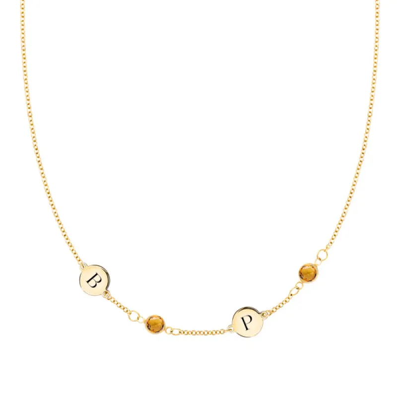 Personalized Classic 2 Letter & 2 Birthstone Necklace in 14k Gold (Single Spacing) sold by Haverhill