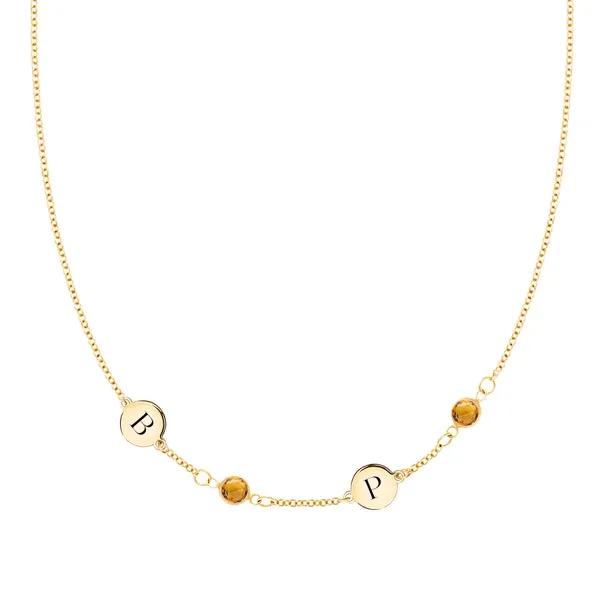 Personalized Classic 2 Letter & 2 Birthstone Necklace in 14k Gold (Single Spacing) sold by Haverhill