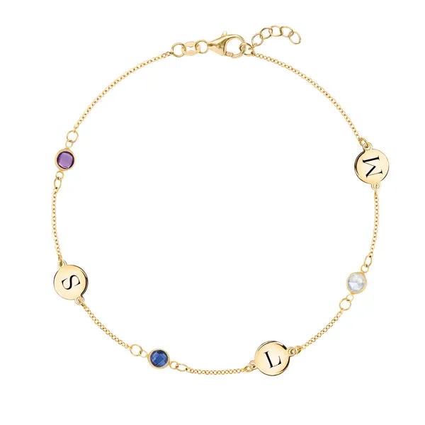 Personalized 3 Letter & 3 Classic Birthstone Bracelet in 14k Gold sold by Haverhill