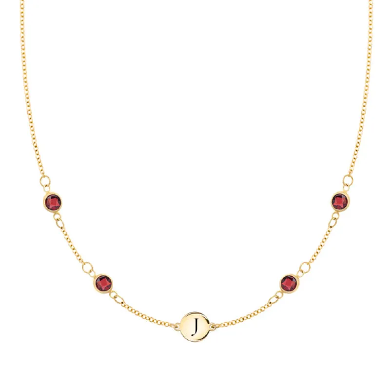 Personalized Classic 1 Letter & 4 Garnet Necklace in 14k Gold (January) sold by Haverhill