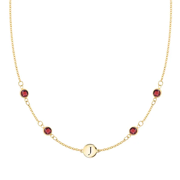 Personalized Classic 1 Letter & 4 Garnet Necklace in 14k Gold (January) sold by Haverhill