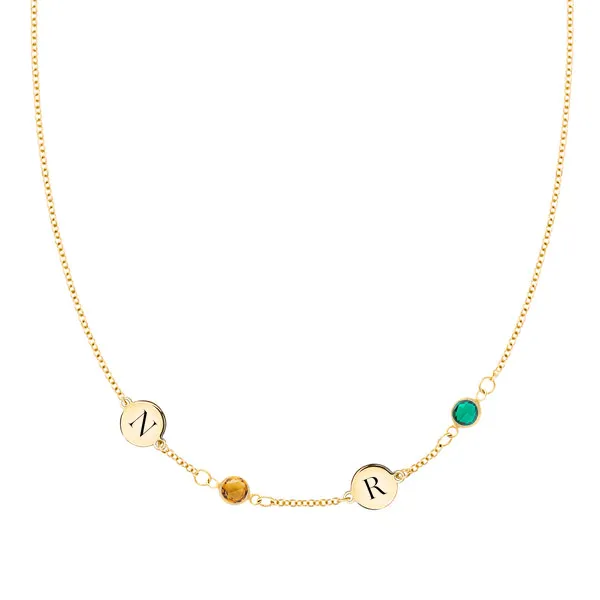 Personalized Classic 2 Letter & 2 Birthstone Necklace in 14k Gold (Single Spacing) sold by Haverhill