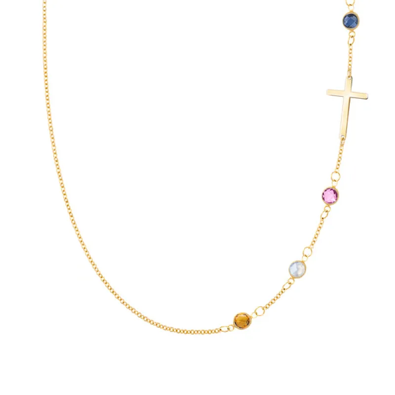 Personalized Classic Cross & 4 Birthstone Necklace in 14k Gold sold by Haverhill