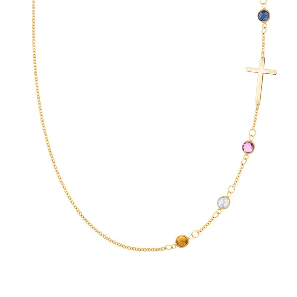 Personalized Classic Cross & 4 Birthstone Necklace in 14k Gold sold by Haverhill