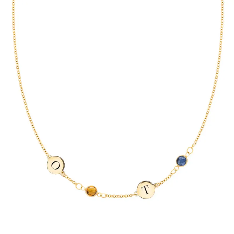 Personalized Classic 2 Letter & 2 Birthstone Necklace in 14k Gold (Single Spacing) sold by Haverhill