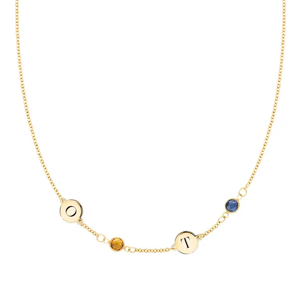 Personalized Classic 2 Letter & 2 Birthstone Necklace in 14k Gold (Single Spacing) sold by Haverhill