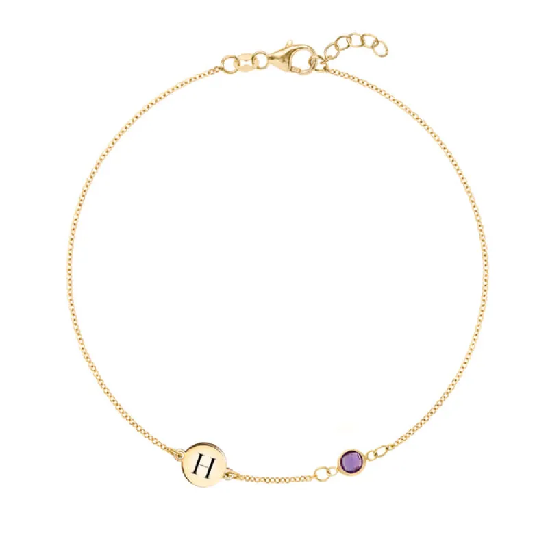 Personalized Classic 1 Letter & 1 Amethyst Bracelet in 14k Gold (February) sold by Haverhill