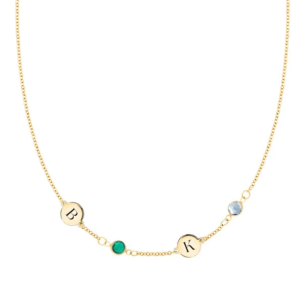 Personalized 2 Letter & 2 Classic Birthstone Necklace in 14k Gold (Single Spacing) sold by Haverhill