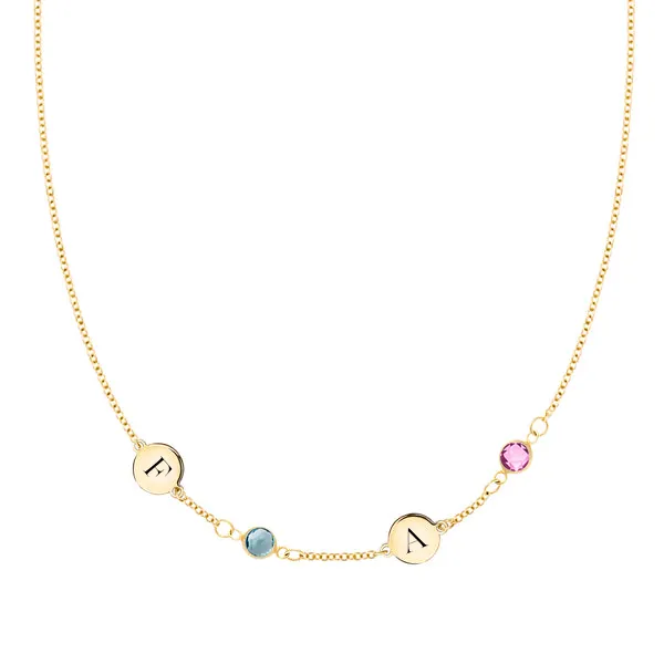 Personalized 2 Letter & 2 Classic Birthstone Necklace in 14k Gold (Single Spacing) sold by Haverhill
