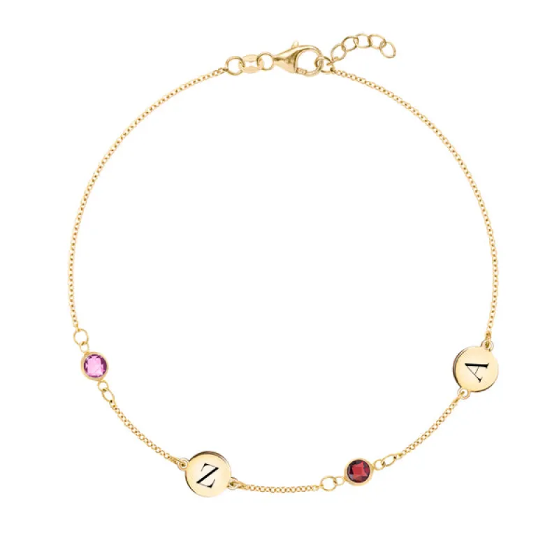 Personalized Classic 2 Letter & 2 Birthstone Bracelet in 14k Gold sold by Haverhill