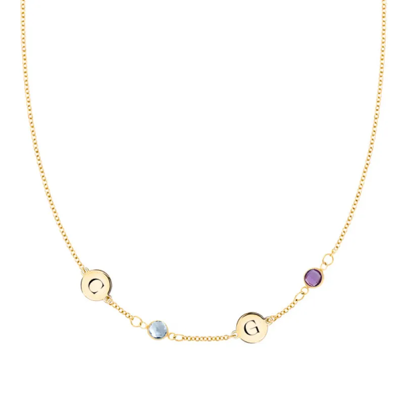 Personalized Classic 2 Letter & 2 Birthstone Necklace in 14k Gold (Single Spacing) sold by Haverhill