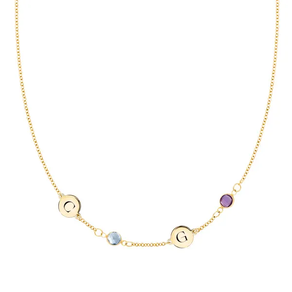 Personalized Classic 2 Letter & 2 Birthstone Necklace in 14k Gold (Single Spacing) sold by Haverhill