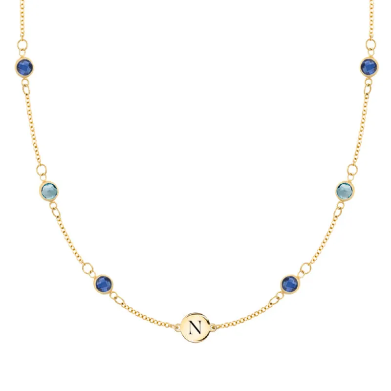Personalized Classic 1 Letter & 6 Birthstone Necklace in 14k Gold (Double Spacing) sold by Haverhill