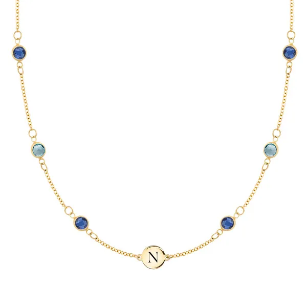Personalized Classic 1 Letter & 6 Birthstone Necklace in 14k Gold (Double Spacing) sold by Haverhill