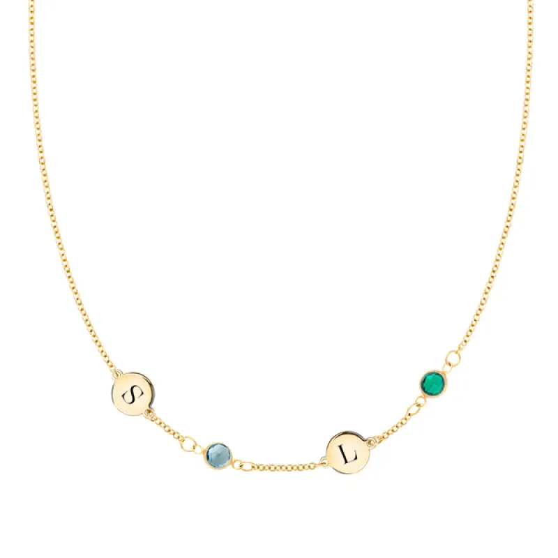 Personalized Classic 2 Letter & 2 Birthstone Necklace in 14k Gold (Single Spacing) sold by Haverhill