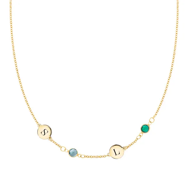 Personalized Classic 2 Letter & 2 Birthstone Necklace in 14k Gold (Single Spacing) sold by Haverhill
