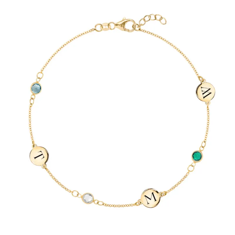 Personalized 3 Letter & 3 Classic Birthstone Bracelet in 14k Gold sold by Haverhill