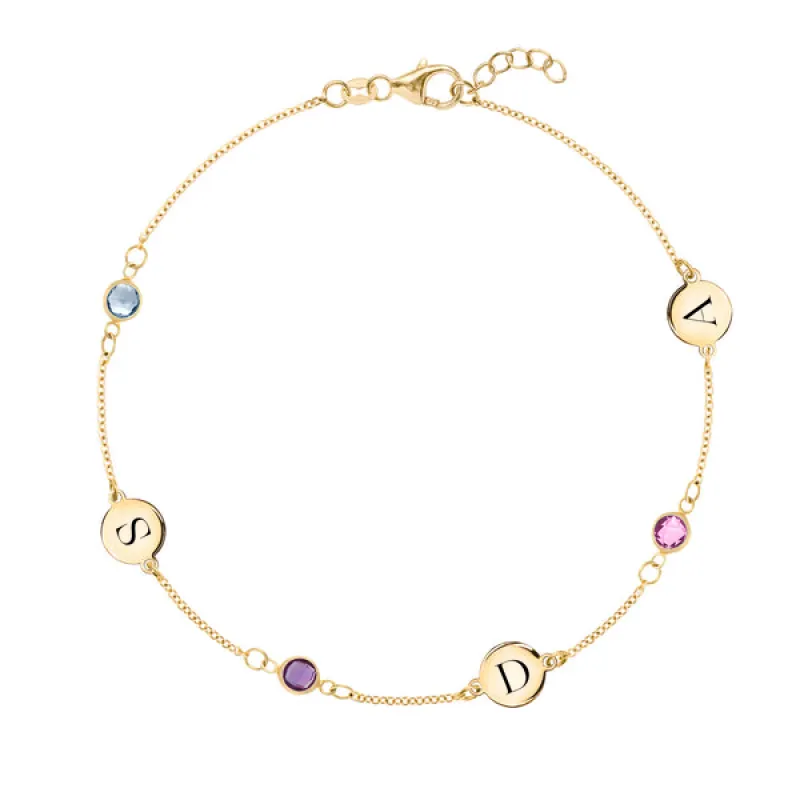Personalized 3 Letter & 3 Classic Birthstone Bracelet in 14k Gold sold by Haverhill