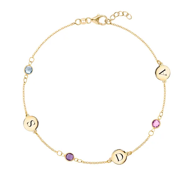Personalized 3 Letter & 3 Classic Birthstone Bracelet in 14k Gold sold by Haverhill