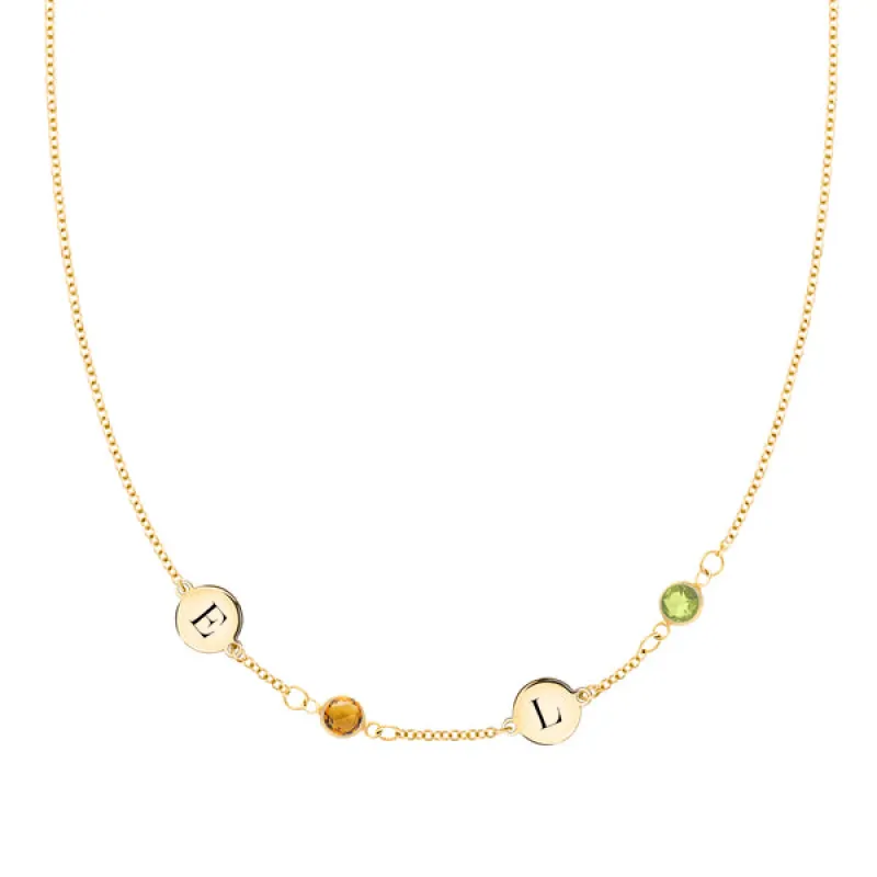 Personalized Classic 2 Letter & 2 Birthstone Necklace in 14k Gold (Single Spacing) sold by Haverhill