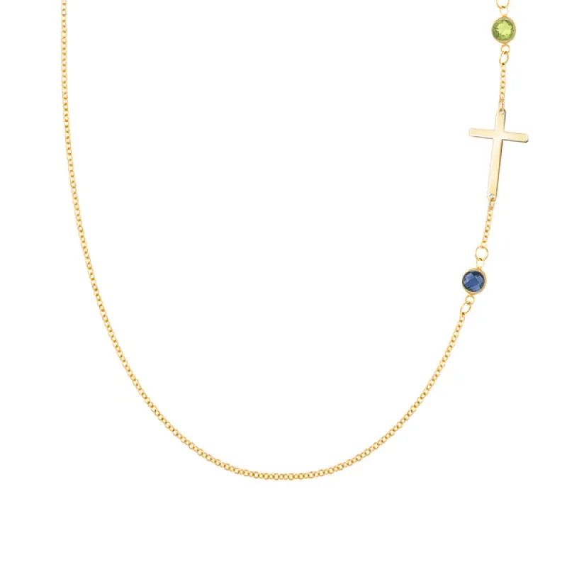 Personalized Classic Cross & 2 Birthstone Necklace in 14k Gold sold by Haverhill