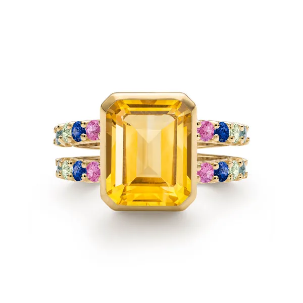 Personalized Warren Vertical Birthstone Ring with Accent Stones in 14k Gold sold by Haverhill