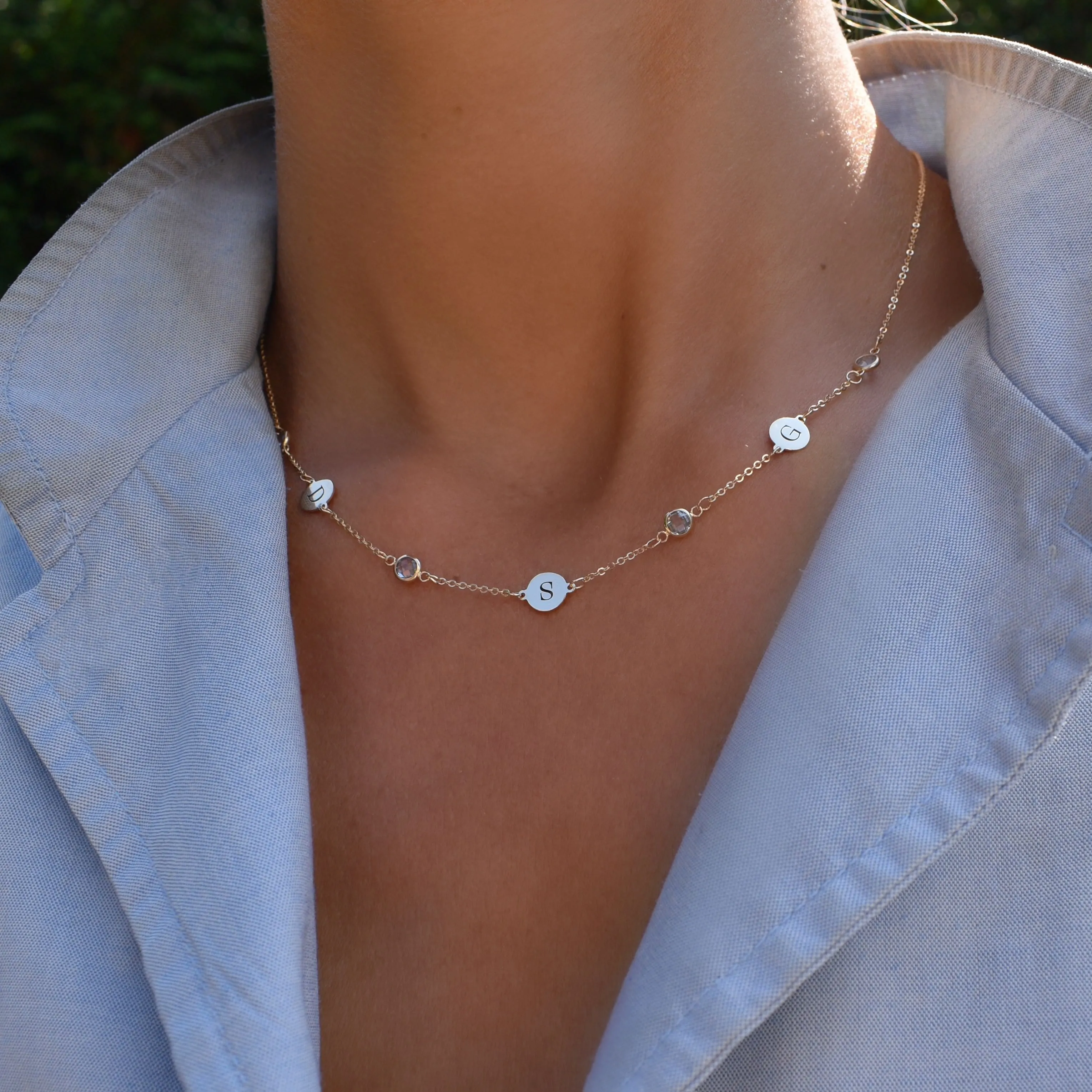 Personalized 3 Letter & 4 Classic Birthstone Necklace in 14k Gold (Double Spacing) sold by Haverhill product image thumbnail 3