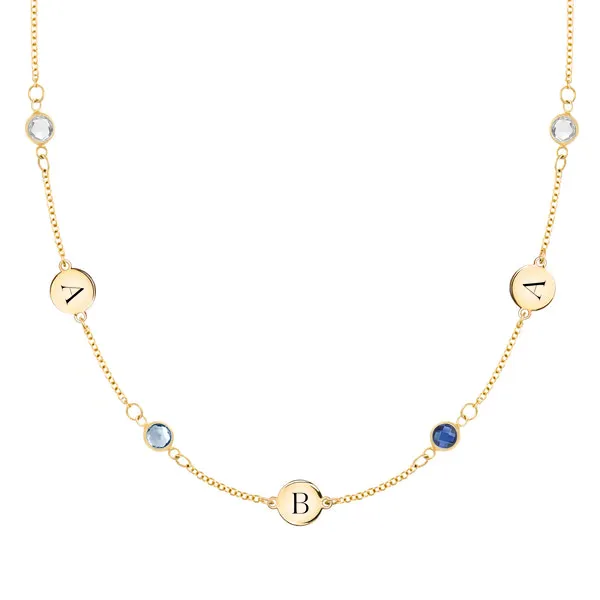 Personalized 3 Letter & 4 Classic Birthstone Necklace in 14k Gold (Double Spacing) sold by Haverhill