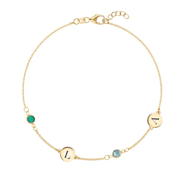 Personalized Classic 2 Letter & 2 Birthstone Bracelet in 14k Gold sold by Haverhill