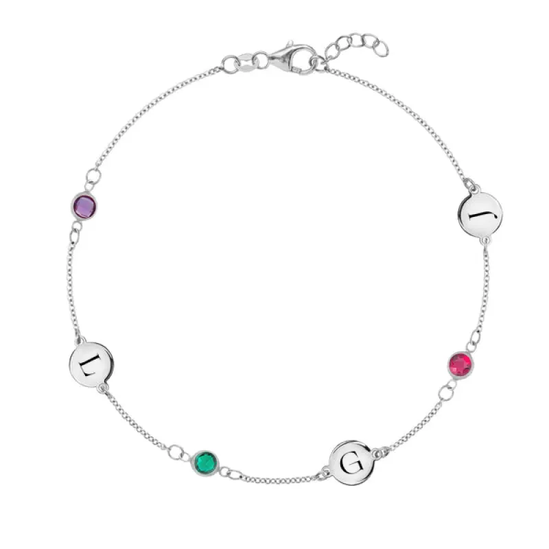 Personalized Classic 3 Letter & 3 Birthstone Bracelet in 14k Gold sold by Haverhill