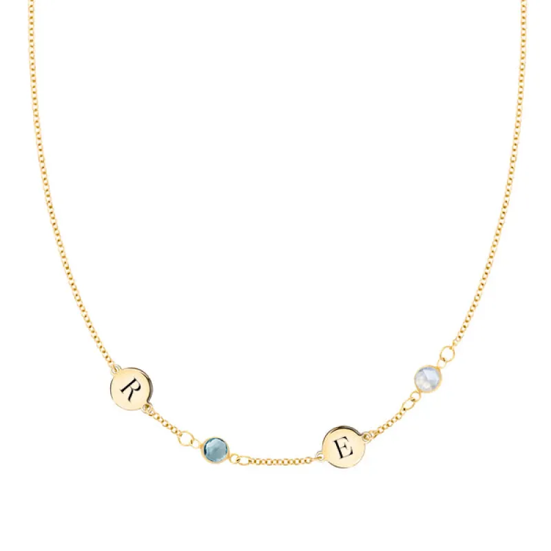 Personalized 2 Letter & 2 Classic Birthstone Necklace in 14k Gold (Single Spacing) sold by Haverhill