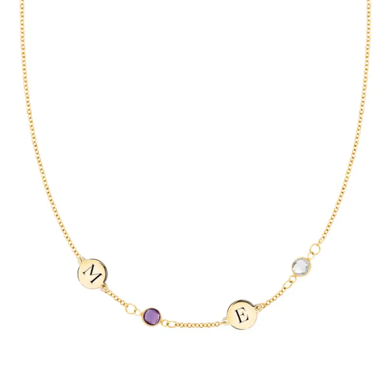 Personalized Classic 2 Letter & 2 Birthstone Necklace in 14k Gold (Single Spacing) sold by Haverhill