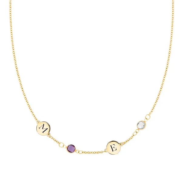 Personalized Classic 2 Letter & 2 Birthstone Necklace in 14k Gold (Single Spacing) sold by Haverhill