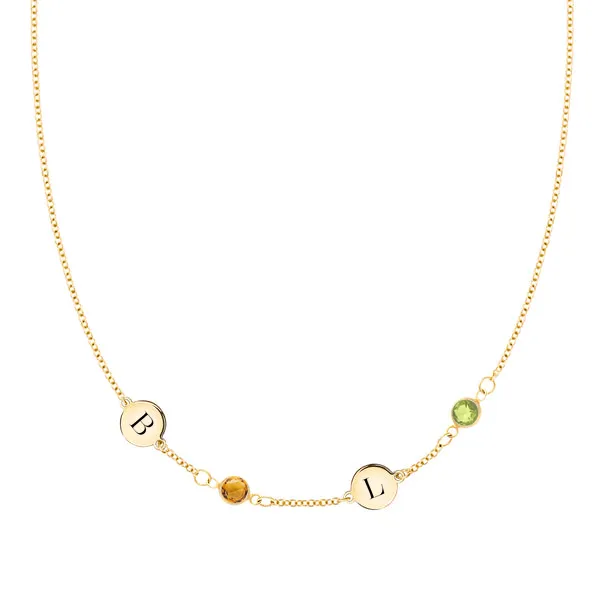 Personalized 2 Letter & 2 Classic Birthstone Necklace in 14k Gold (Single Spacing) sold by Haverhill