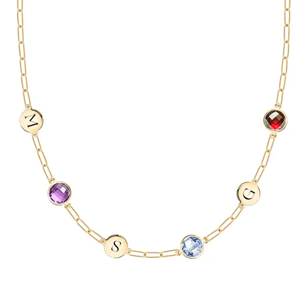 Personalized 3 Letter & 3 Grand Birthstone Adelaide Mini Necklace in 14k Gold sold by Haverhill