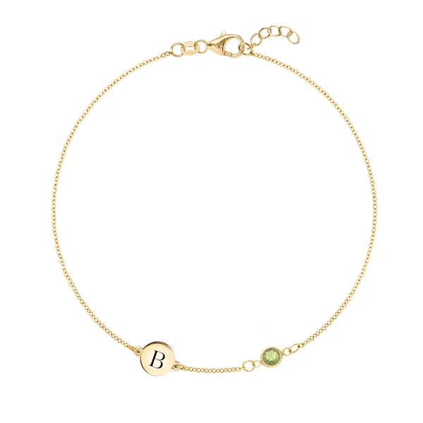 Personalized Classic 1 Letter & 1 Peridot Bracelet in 14k Gold (August) sold by Haverhill